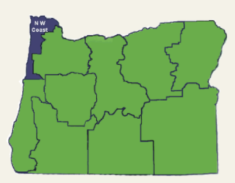 The north coast region highlighted on a map of Oregon