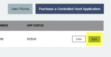 screen showing showing the edit button on controlled hunt page