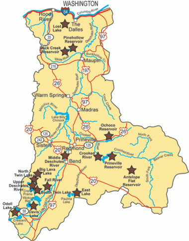 a map of central Oregon showing major roads, cities, and fishing locations