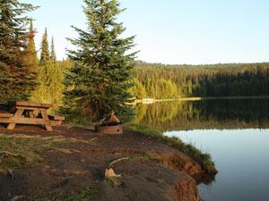 a wooden picnic table sits on the bank of Jubilee Lake