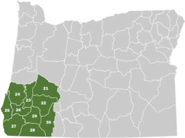 A map of Oregon with the Southwest Area highlighted in green.