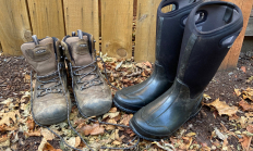 image of two kinds of boots -- leather hiking and waterproof rubber