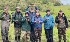 a group of turtle surveying volunteers poses with turtles