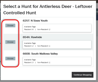 screen shot of leftover tags select a hunt