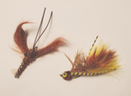 Photo of two crayfish fly patterns for bass fishing