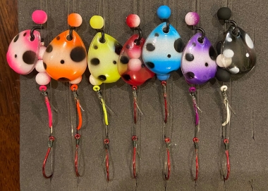 a selection of colorful spinners for kokanee
