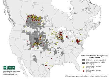 map showing the distribution of CWD outbreaks in the US