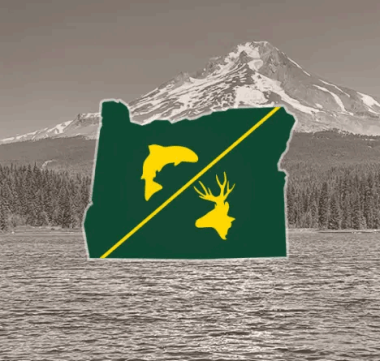 Oregon outline with fish/game icons, and Mount Rainier in the background