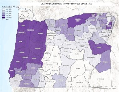 Map of Oregon showing percentage of birds harvested on private land by hunting by management unit