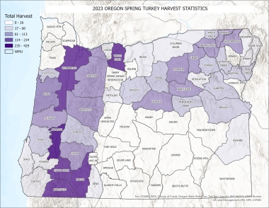 A map of Oregon showing different levels of turkey harvest by management unit