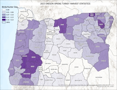 Map of Oregon showing number of birds per hunter days by hunting by management unit