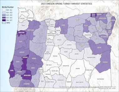 Map of Oregon showing number of birds per hunting by mananagement unit