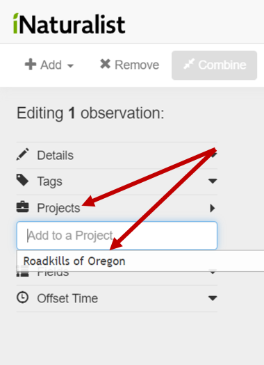 Screen shot showing how to add a project to iNaturalist