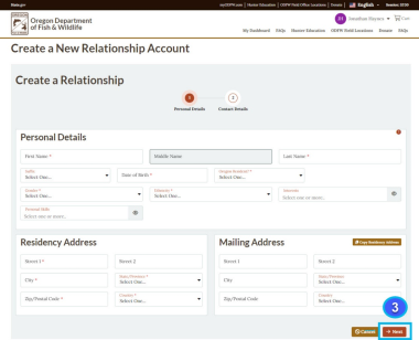 VEM screenshot - create relationship, personal details
