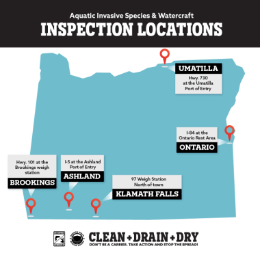 State of Oregon map with location of five watercraft inspection stations