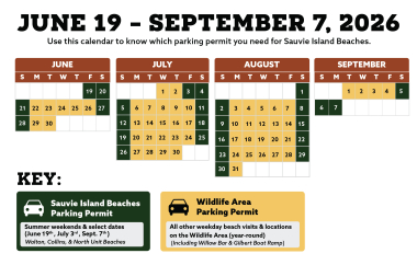 This color coded calendar indicates which permit is required on specific dates at Sauvie Island beaches.