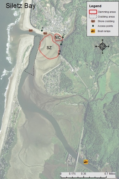An aerial photo of the mouth of the Siletz Bay with colored overlay and icons denoting areas for crabbing, clamming, and boat ramps.