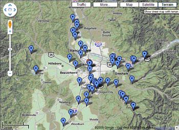 A screenshot of a google map showing fishing locations within an hour's drive of Portland