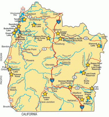 a map of the southwestern part of Oregon showing major roads, rivers, and fishing locations