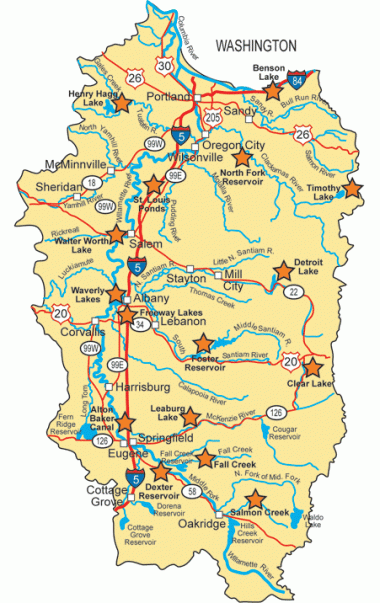 a map of the Willamette valley showing major rivers, roads, towns, and fishing locations