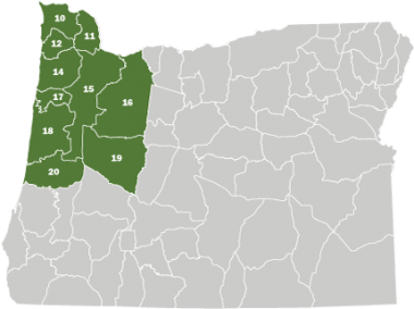 A map of Oregon with the Northwest Area shaded in green