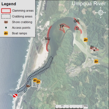 An aerial photo of the Umpqua River with overlayed coloration to denote specific areas