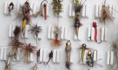 a display of fly-fishing flies