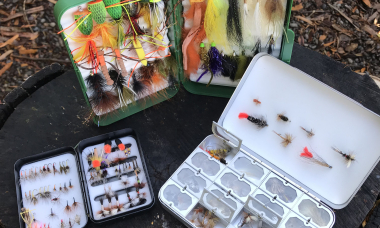 Image of an assortment of pre-loaded and self-loaded fly boxes.