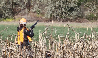 Hunter standing in brushy pheasant habitat.