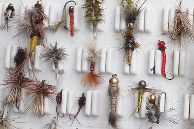 a display of fly-fishing flies