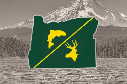 Oregon outline with fish/game icons, and Mount Rainier in the background
